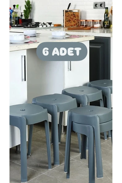 6 Adet Gri Kaymaz Ayaklı Dekoratif Iç Içe Geçebilen Plastik Tabure Mutfak Bahçe Taburesi ürün görseli 1