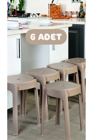 6 Adet Latte Kaymaz Ayaklı Dekoratif Iç Içe Geçebilen Plastik Tabure Mutfak Bahçe Taburesi ürün görseli 1