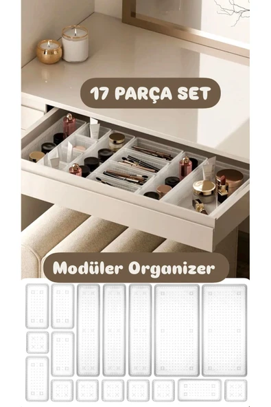 Bade 17 Parça Modüler Düzenleyici Kutu Seti - Banyo Kozmetik Aksesuar Organizer Şeffaf ürün görseli 1
