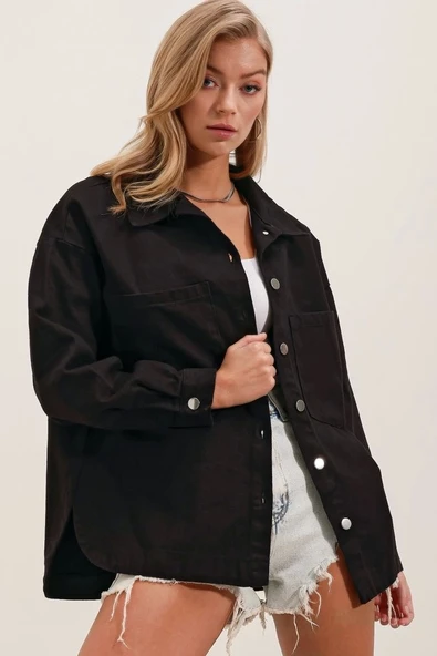 20192 Oversize Gabardin Gömlek Ceket - Siyah ürün görseli 1