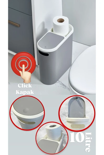 Click Gri 10 Lt Çöp Kovası , Mutfak, Banyo, Tuvalet Çöp Kutusu Tuvalet Kağıdı Hazneli ürün görseli 1