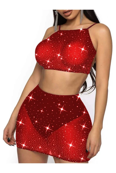 my cherie Simli Kırmızı Tül Büstiyer Etek String Takım ürün görseli 1