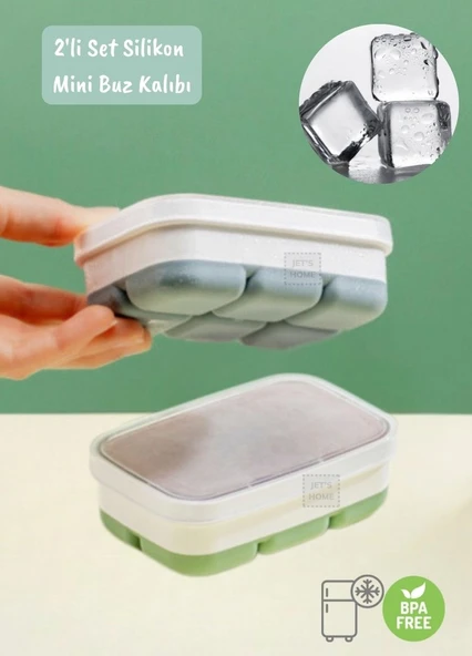 2li Set Mini Buz Kalıbı Silikon Buzluk 6 Bölmeli Kare Desenli Buz Küpü Yeşil-Gri BPA Free ürün görseli 1