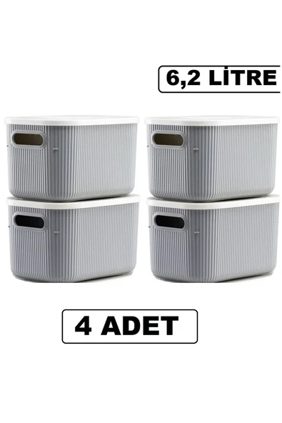 4 Adet Storage 6lt Gri Çok Amaçlı Dolap Içi Düzenleyici Kapaklı Kutu, Dekoratif Saklama Kutusu ürün görseli 1