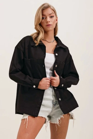 20192 Oversize Gabardin Gömlek Ceket - Siyah - Resim 4