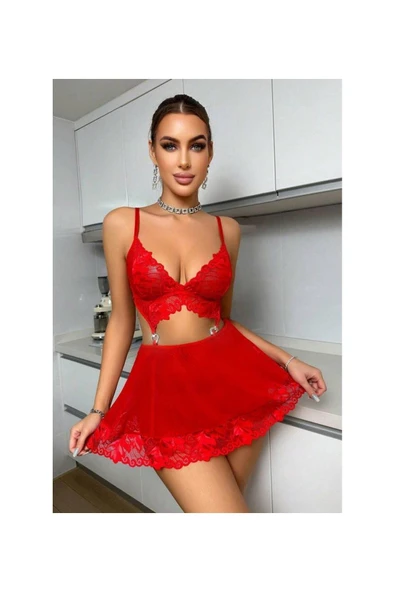my cherie Taşlı Kalp Aksesuarlı Dantelli Mini Dekolteli Gecelik ürün görseli 1