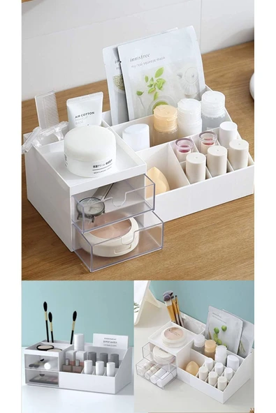 Make-up Kozmetik Standı Şeffaf 2 Çekmeceli Makyaj Düzenleyici Ruj Kalem Organizer Oje Rafı ürün görseli 1