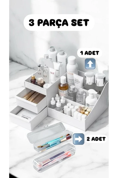 3 Parça Rose Kozmetik Düzenleyici Set-1 Adet Rose Organizer 2 Adet Multix Makyaj Organizer Set ürün görseli 1