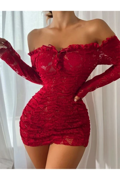 randevu Kayık Yaka Büzgülü Mini Elbise Gecelik Siyah ürün görseli 1