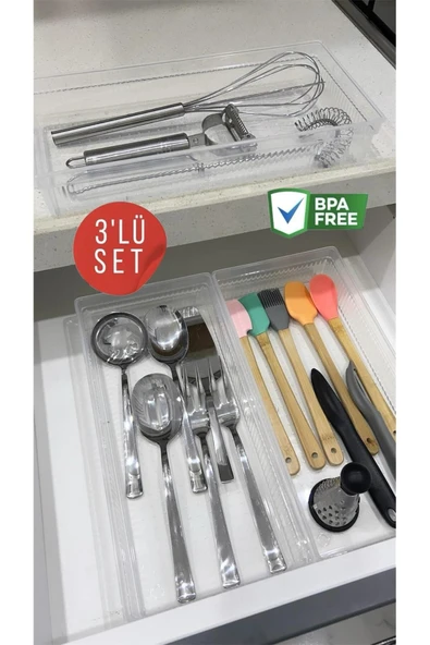 3 Adet Bade XL Çekmece İçi Bıçaklık & Kaşıklık Organizer - Kepçe Spatula Düzenleyici Kutu ürün görseli 1