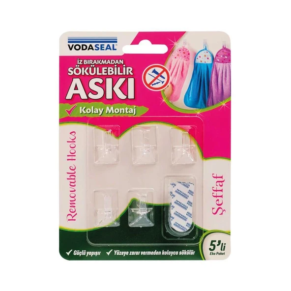 Vodaseal İz Bırakmadan Sökülebilir Askı 5li Paket  Şeffaf ürün görseli 1