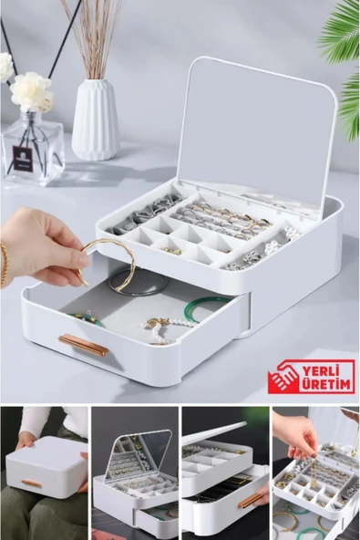 House By House Aynalı Çekmeceli Çok Bölmeli Makyaj Takı Organizer Krem ürün görseli 1