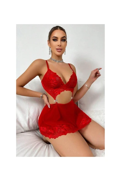 randevu Taşlı Kalpli Mini Dantelli Tül Çekici Gecelik ürün görseli 1