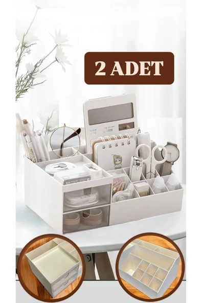 2 Adet Office 2 Çekmeceli Masa Üstü Düzenleyici - Ofis Kalemlik Bölmeli Organizer Kozmetik Stand ürün görseli 1