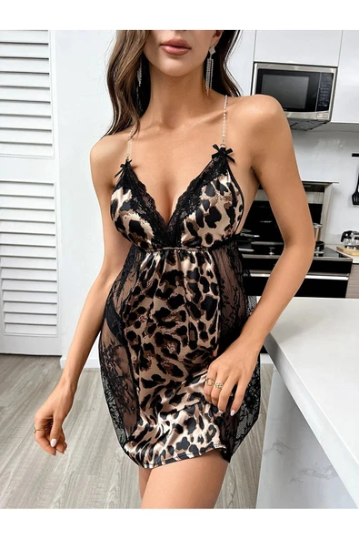 randevu Özel Askılı Leopar Mini Gecelik - Resim 3