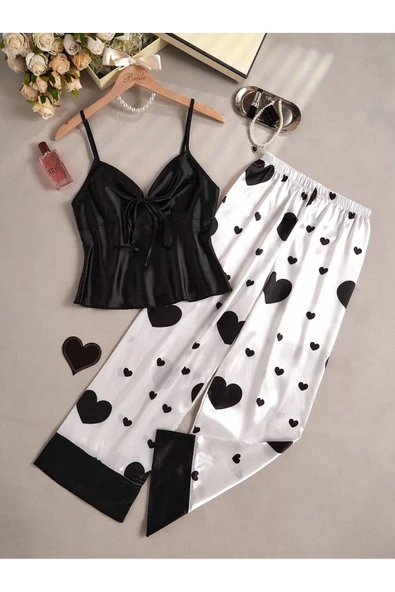 my cherie Kalp Baskı Yumuşak Saten 2 Parça Pijama Takım ürün görseli 1