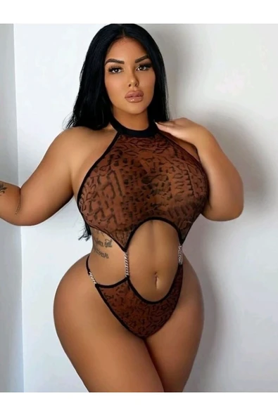 my cherie Zincir Ayrıntılı Halter Yaka Leopar Body ürün görseli 1