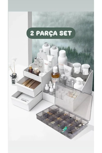 2 Parça Rose Kozmetik Takı Düzenleyici Set-1 Adet Rose Organizer 1 Adet 18 Bölmeli Organizer Set ürün görseli 1