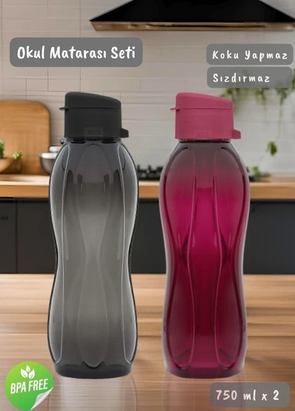 2’li Suluk Seti PP-5 Bpa Free Akıtmaz-Kokusuz Okul Matarası Siyah Bordo 750 ml ürün görseli 1