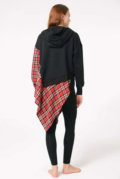 MAN9748 Kadın Pamuklu Ekose Kapüşonlu Uzun Kol Sweatshirt ve Tayt Takım (9748) ürün görseli 1