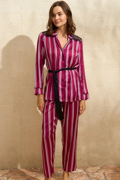 MAN9765 Kadın Saten Çizgili Düğmeli Uzun Kol Dantelli Gömlek ve Pantolon Pijama Takım (9765) ürün görseli 1