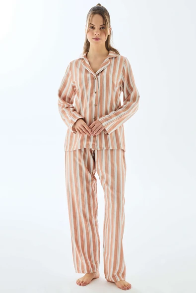 MAN11498 Anıl 11498 Kadın Viscose Çizgili Gömlek Pantolon Pijama Takımı ürün görseli 1