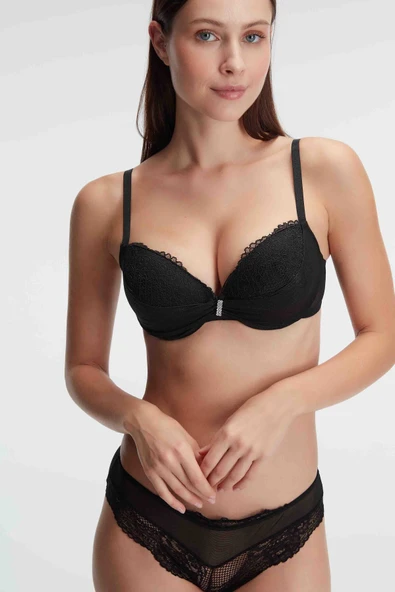 MAN4825 Kadın Balenli Destekli Dolgulu Taşlı Dantelli Sütyen ve Slip Takım (4825) ürün görseli 1