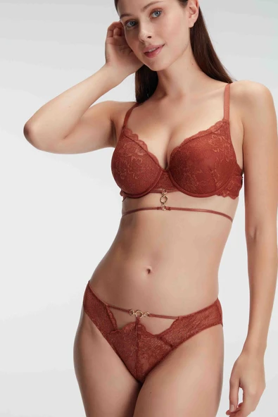 MAN4832 Kadın Balenli Destekli Dolgulu Göbek Detaylı Dantelli Sütyen ve Slip Takım (4832) ürün görseli 1