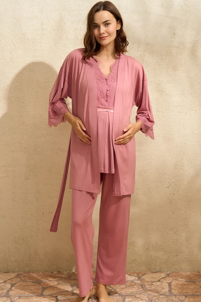 MAN5771 Sıfır Kol V Yaka Kadın Viskon Düz Yazlık Uzun Dantel Detaylı Hamile Pijama Takımı Sabahlık Anıl 5771 ürün görseli 1