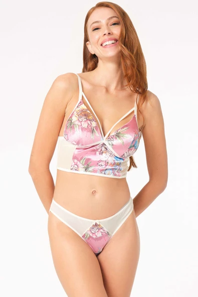 MAN4222 Kadın Kadife Balensiz Desteksiz Dolgusuz Yaka Detaylı Çiçek Baskılı Bralet Sütyen ve Slip Takım (4222) ürün görseli 1