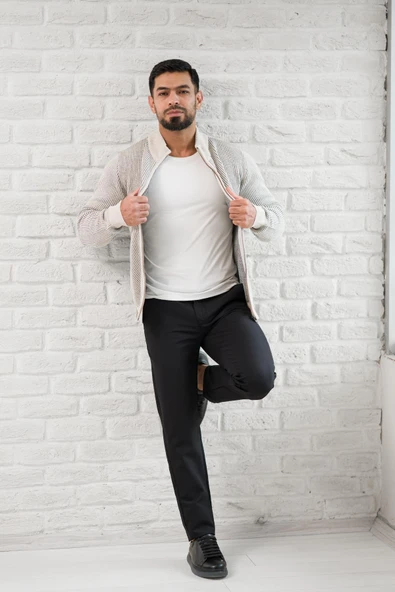 San&Fa Dik Yaka Çizgili Fermuarlı Regular Fit Yünlü Triko Hırka ürün görseli 1