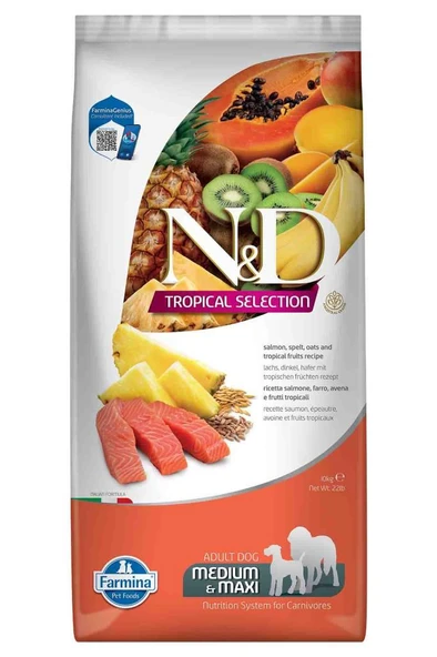 ND Tropical Selection Somonlu ve Tropikal Meyveli Orta ve Büyük Irk Yetişkin Köpek Maması 10 Kg ürün görseli 1