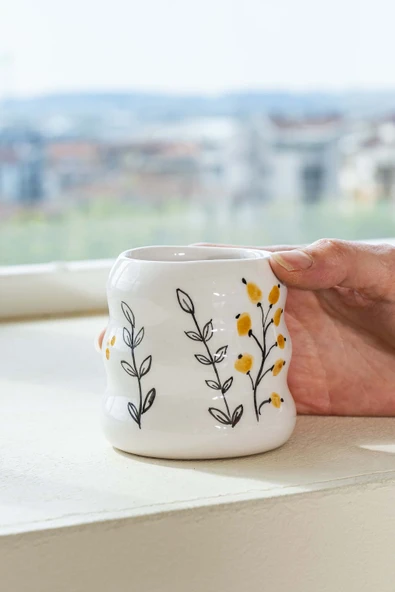 Rivaİstanbul Sarı Çiçekler Amore El Yapımı Seramik Double Kahve Bardağı Mug Kupa ürün görseli 1