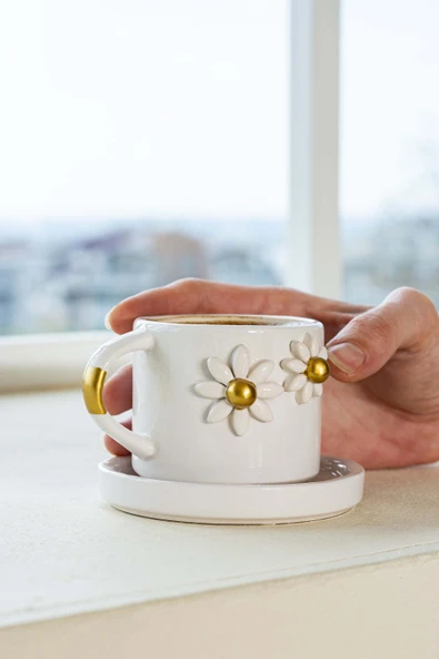 Rivaİstanbul Gold Papatya Amore El Yapımı Seramik Double Kahve Fincanı Mug Kupa ürün görseli 1