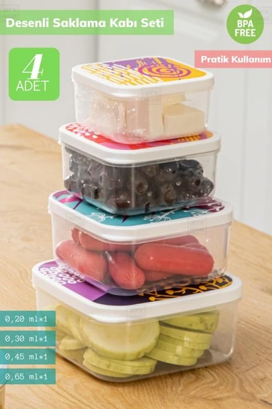 4’lü Desenli Saklabı Kabı Seti Erzak Kabı Buzdolabı Kabı Kare Bpa Free ürün görseli 1