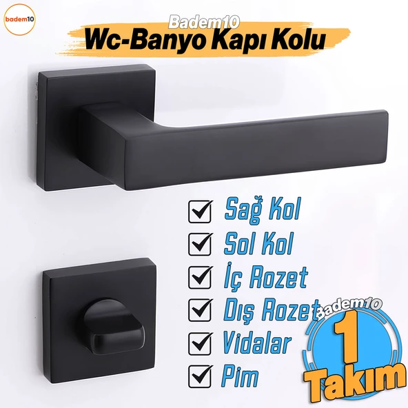 Paytak WC Banyo Siyah Kapı Kolu Kare Rozetli Sağa Sola Uygun İç Dış Wc Kapısı Kilitlenebilir 1 Takım ürün görseli 1