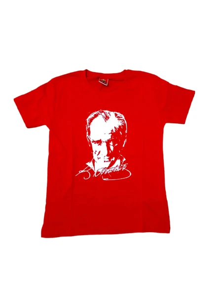 Çocuk kırmızı Atatürk Tişörtü Imzalı Tişört unisex model ürün görseli 1