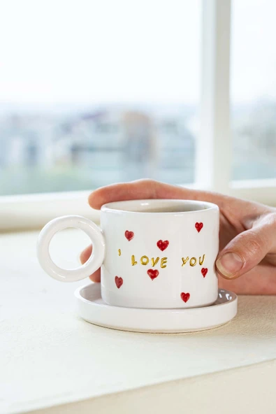 Rivaİstanbul I Love You Amore El Yapımı Seramik Double Kahve Fincanı Mug Kupa ürün görseli 1