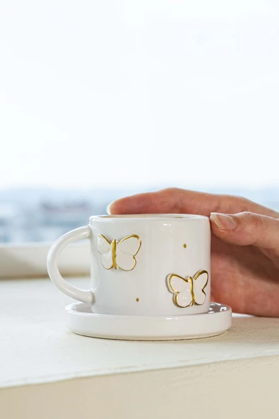Rivaİstanbul Gold Kelebek Amore El Yapımı Seramik Double Kahve Fincanı Mug Kupa ürün görseli 1