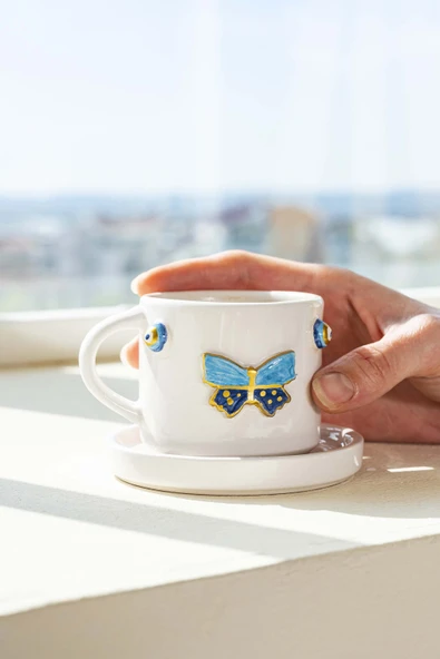 Rivaİstanbul Kelebek Amore El Yapımı Seramik Double Kahve Fincanı Mug Kupa ürün görseli 1