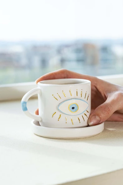 Rivaİstanbul Göz Desenli Amore El Yapımı Seramik Double Kahve Fincanı Mug Kupa ürün görseli 1