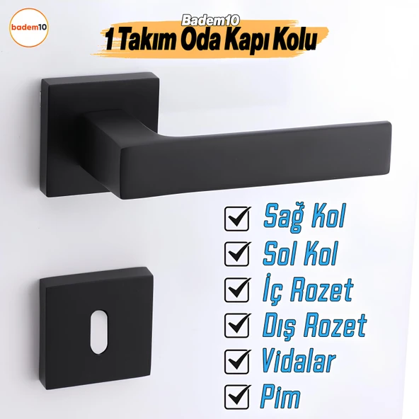 Paytak Oda Siyah Kapı Kolu Kare Rozetli Sağa Sola Uygun İç Dış Ev Oda Kapısı Kilitlenebilir 1 Takım ürün görseli 1