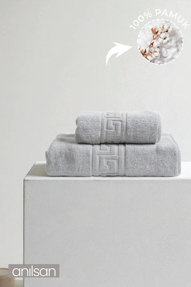 2'li Gri Greek Havlu Seti %100 Pamuk- 1 Adet El Havlusu 50x90 ve 1 Adet Banyo Havlusu 70x140 ürün görseli 1