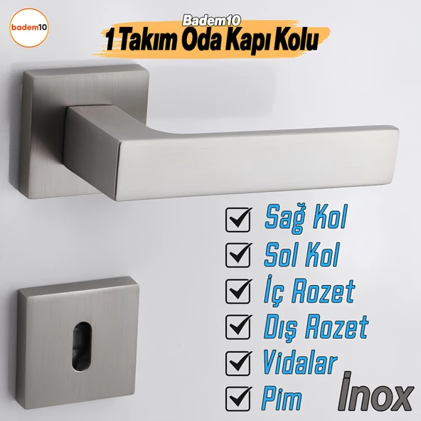 Paytak İNOX Oda Kapı Kolu Kare Rozetli Sağa Sola Uygun İç Dış Ev Oda Kapısı Kilitlenebilir 1 Takım ürün görseli 1