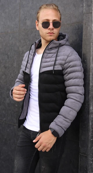 Erkek Gri Çift Renk Kapüşonlu Süet Mont ürün görseli 1