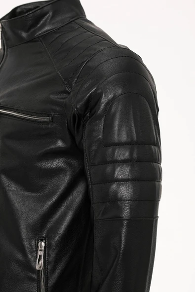 Erkek Siyah Dar Kesim Deri Ceket - Resim 3