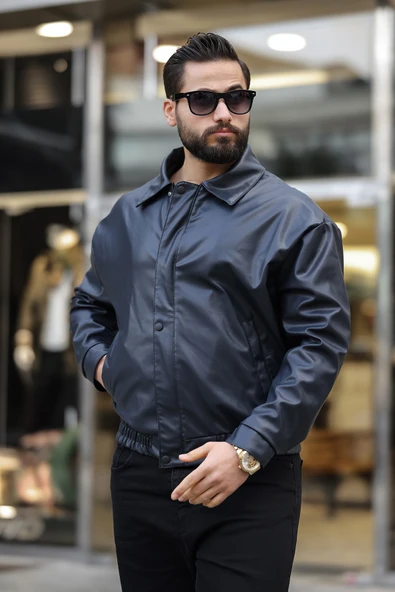 Vintage Oversize Erkek Siyah Deri Ceket ürün görseli 1