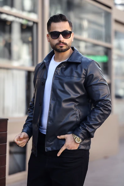 Klasik Yaka Siyah Erkek Deri Ceket ürün görseli 1