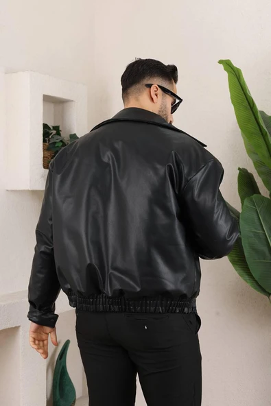 Erkek Oversize Siyah Deri Ceket - Resim 4
