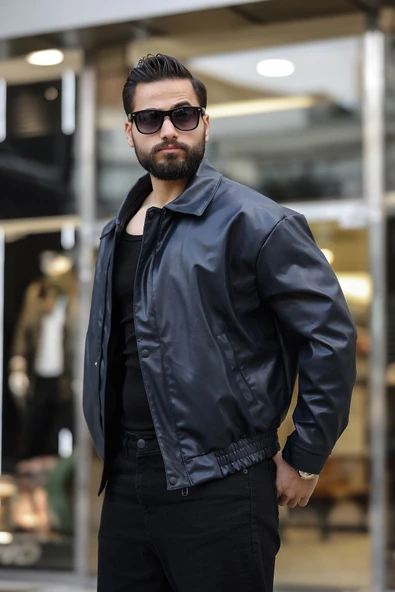Vintage Oversize Erkek Siyah Deri Ceket - Resim 2